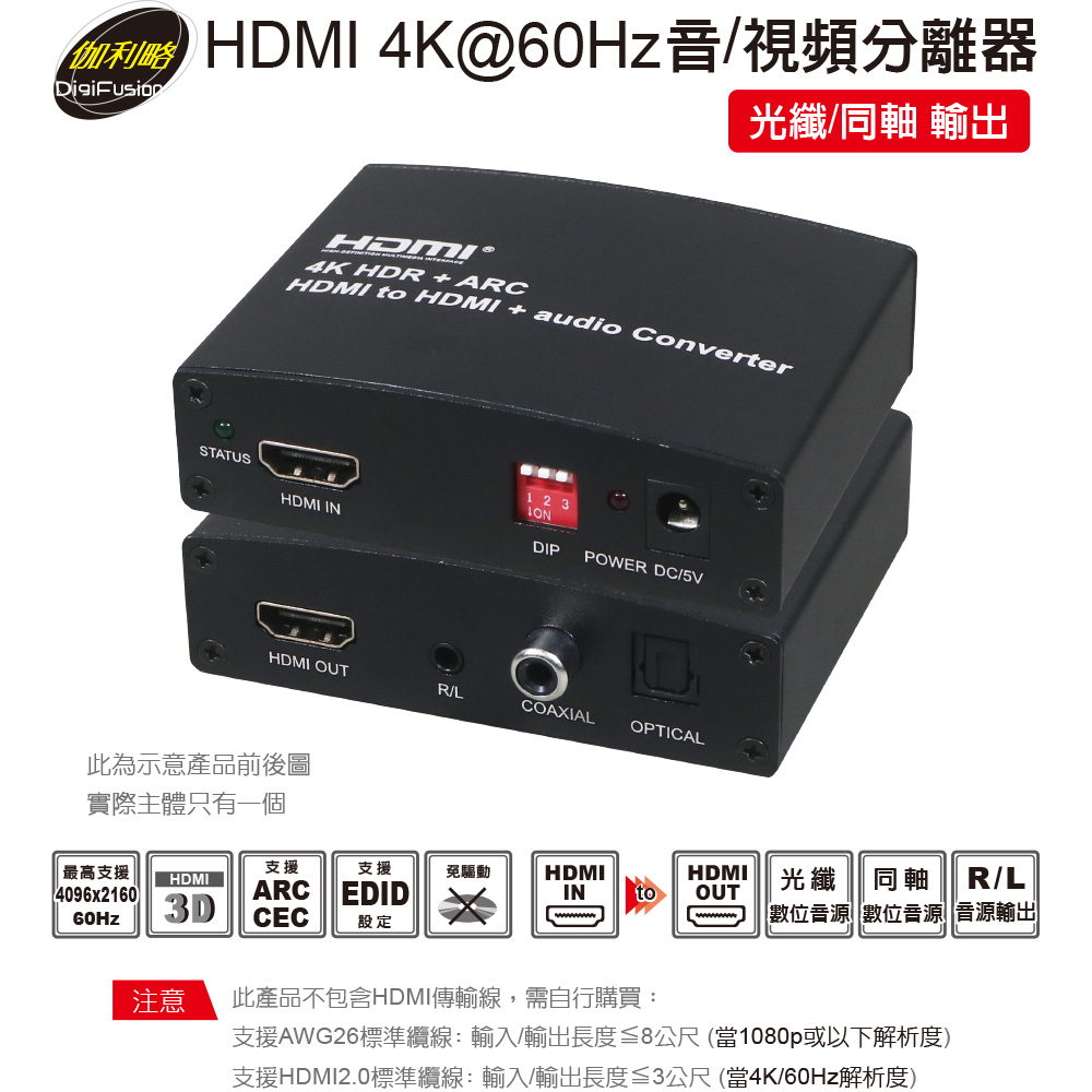 伽利略 HDMI 4K@60Hz 音/視頻分離器 光纖/同軸輸出