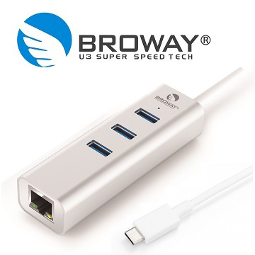 BROWAY USB-C 轉 USB3.0 3埠集線器 + 1埠Gigabit網路卡 時尚銀