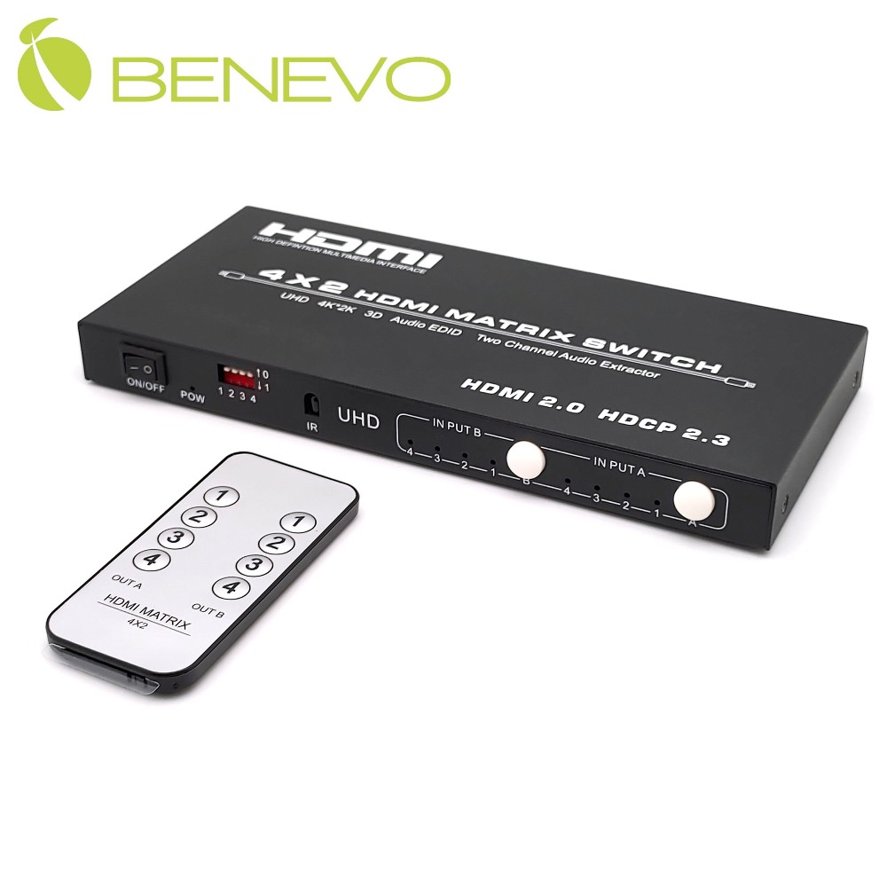 BENEVO專業型 4進2出 HDMI2.0影音矩陣切換器，支援聲音分離
