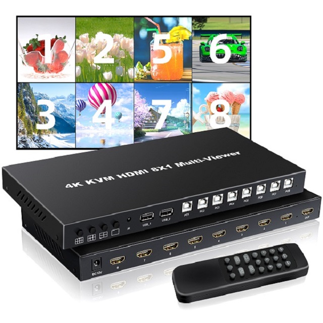 【易控王】HDMI 8x1 8畫面分割KVM 8台主機共享一套鍵鼠/螢幕 拼接電視牆 遠端遙控 (40-225-01)