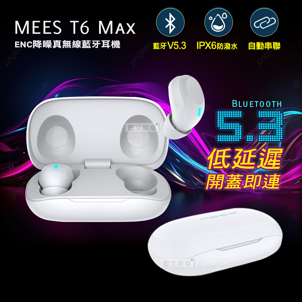 MEES邁斯 T6 Max TWS V5.3 HIFI高音質 IPX6防水降噪真無線藍牙耳機(雪霜白)