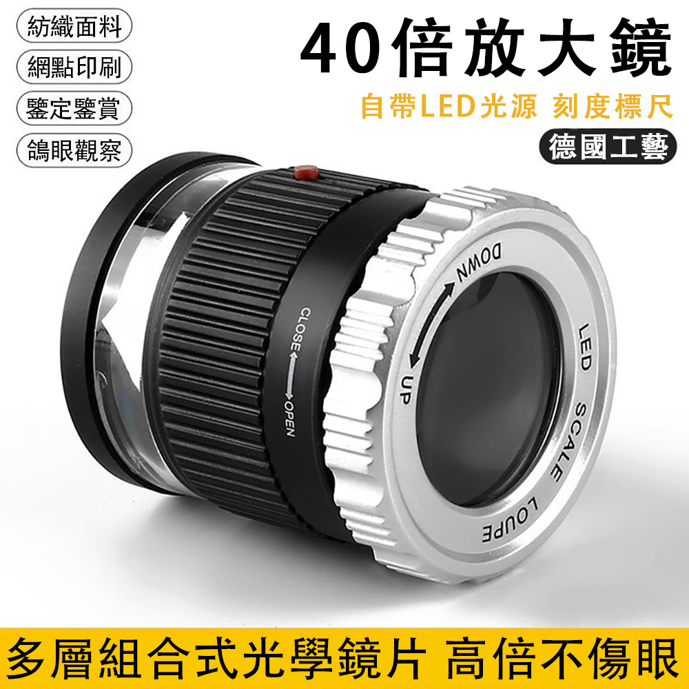 40倍放大鏡 放大鏡 顯微鏡 手持放大鏡 便攜式照布鏡 自帶LED光源 刻度標尺 高倍不傷眼 高畫質倍率