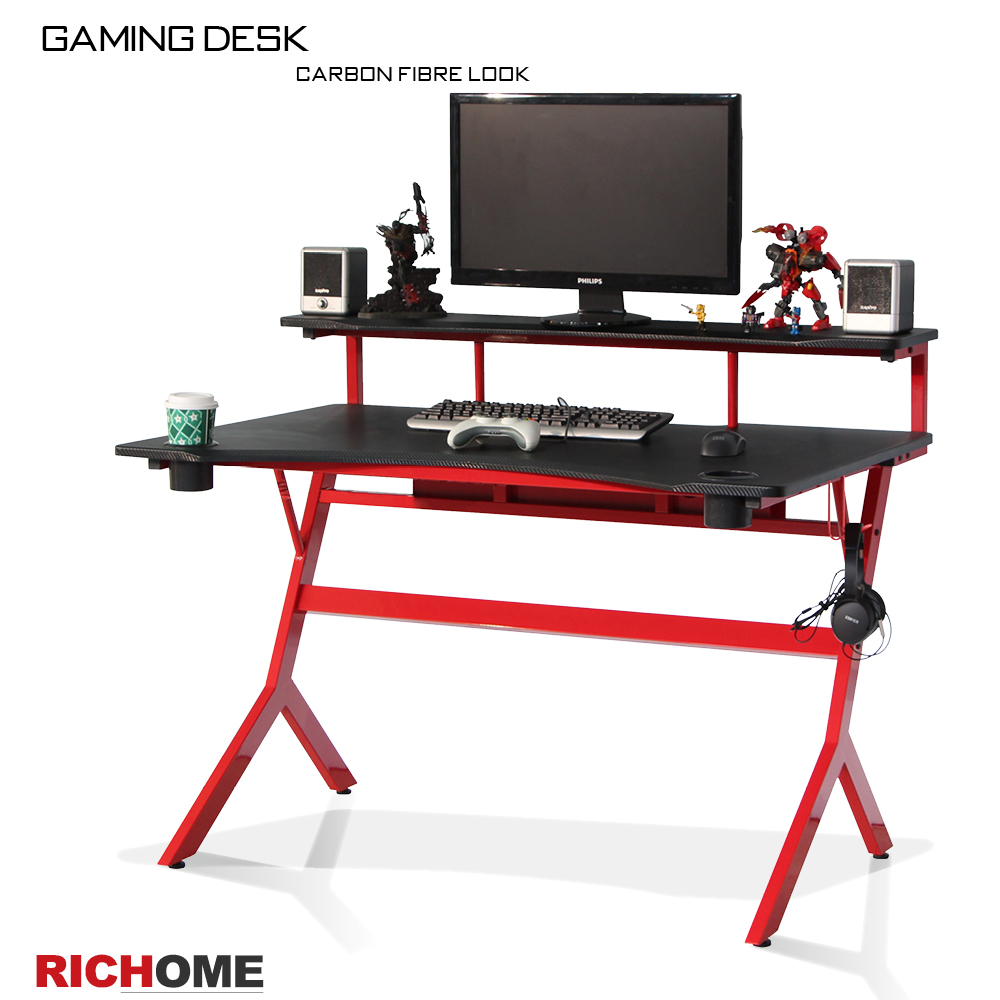 【RICHOME】戰神高手電競電腦桌(雙杯架款)-紅色