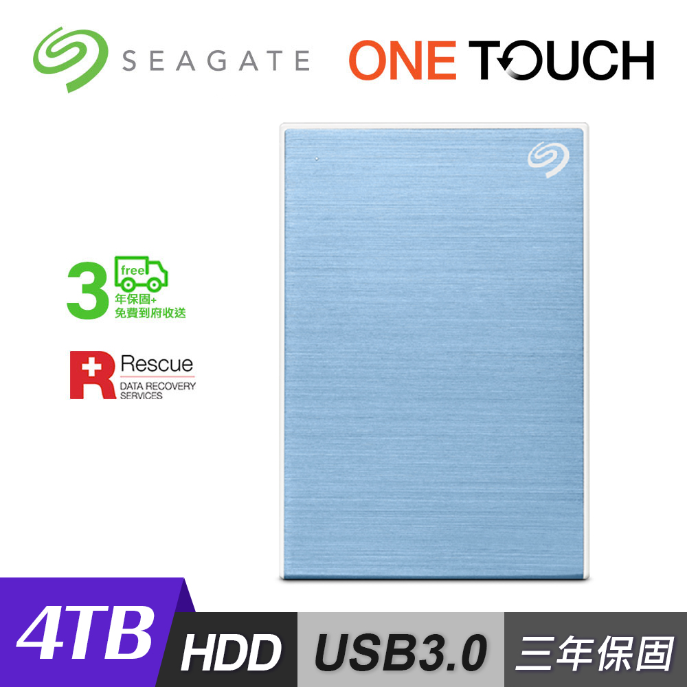  Seagate 希捷 One Touch 4TB 外接硬碟，採用 2.5 吋輕薄設計，容量高達 4TB，支援 USB 3.0 高速傳輸介面，僅需 USB 供電即可運作，無需額外電源。黑色系外觀時尚，尺寸僅 115 x 80 x 20 mm，重量 356g，便於攜帶。提供三年保固，適合日常備份、行動辦公與多媒體儲存需求，是高效能外接硬碟的首選。 