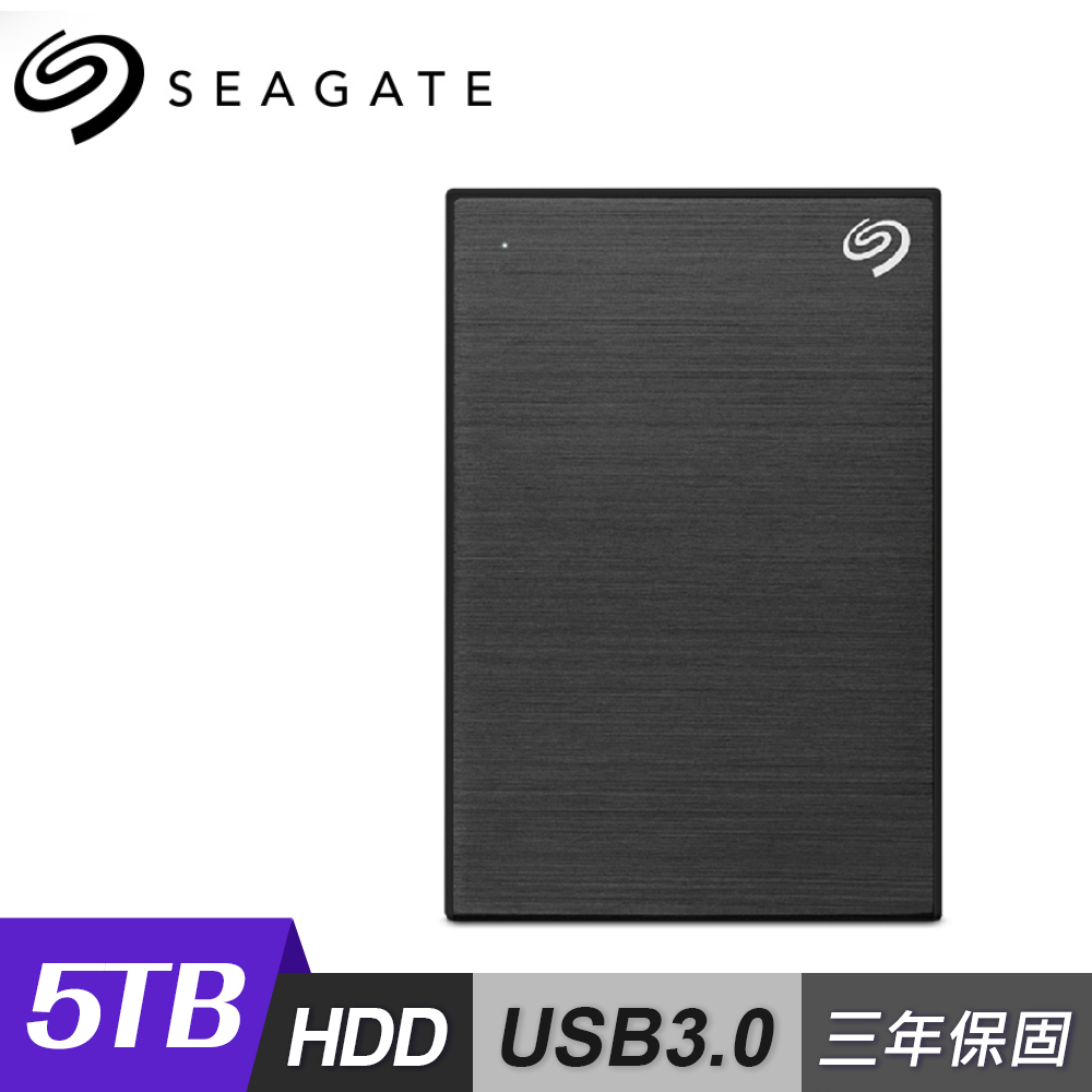  Seagate 希捷 One Touch 5TB 外接硬碟，採用 1.8 吋尺寸設計，輕巧便攜僅 356g，支援 USB 3.0 高速傳輸介面，USB 供電無需額外電源。提供三年保固，顏色選擇包括太空灰、極夜黑、冰川藍、星鑽銀。尺寸 115 x 80 x 20 mm，適合日常備份、影音儲存與行動使用。 