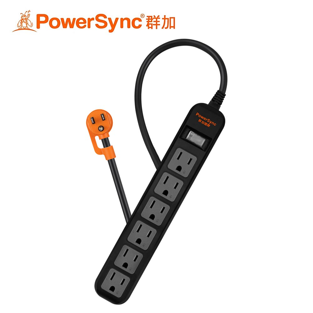 【PowerSync 群加】直立式1開6插延長線-黑色 1.2M