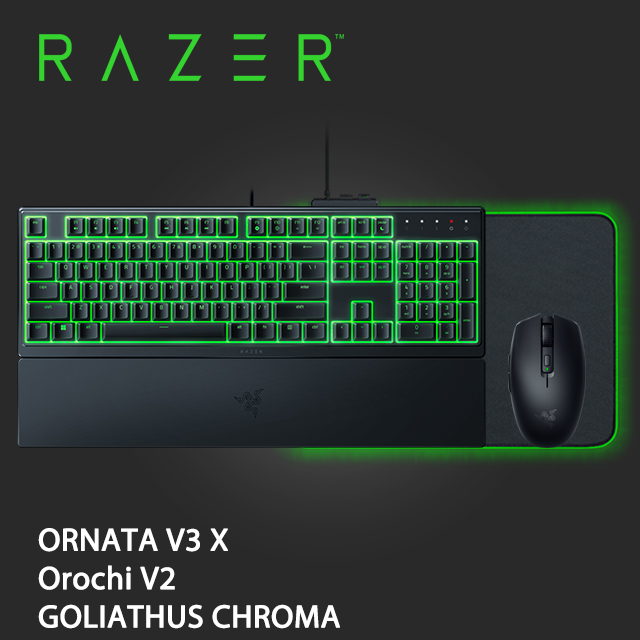 Razer ORNATA 雨林狼蛛V3 X電競鍵盤-中文+Orochi V2 八岐大蛇靈刃無線滑鼠+重裝甲蟲RGB滑鼠墊
