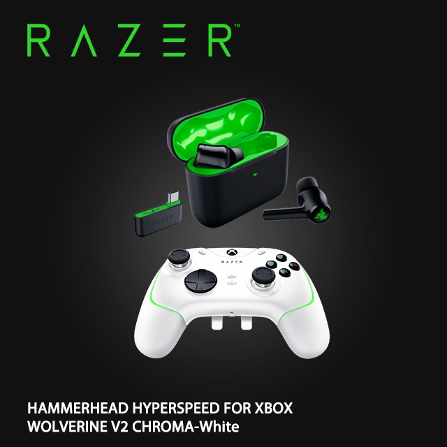 RAZER 戰錘狂鯊XBOX版 真無線藍牙耳機+金剛狼V2 CHROMA for Xbox Series X|S 控制器搖桿-白