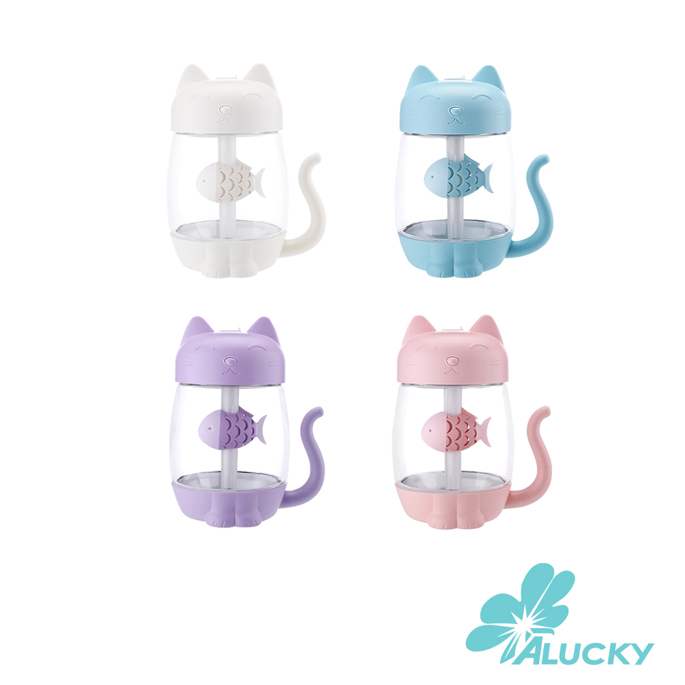 【ALUCKY】貓咪造型多功能加濕器 (粉/紫/白/藍) 350ml USB風扇 USB夜燈 4hr斷電 噴霧加濕