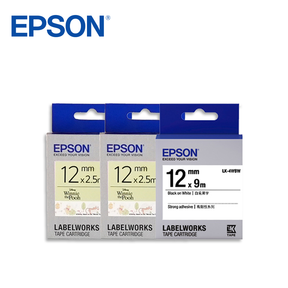 EPSON 維尼標籤帶*2 +高黏性系列白底黑字標籤帶 (寬度12mm)