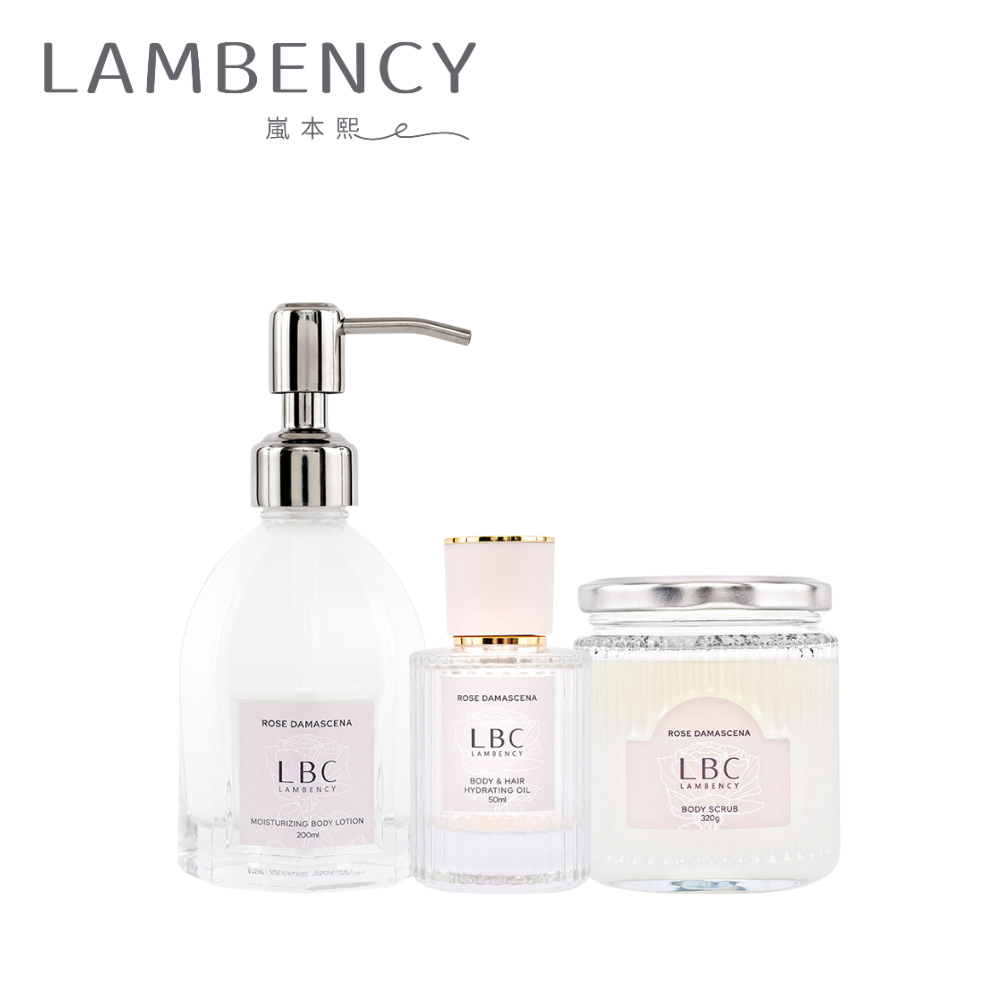【LBC】 Lambency 玫瑰柔潤晶粹油50ml+玫瑰香氛身體乳200ml+身體角質磨砂膏320g