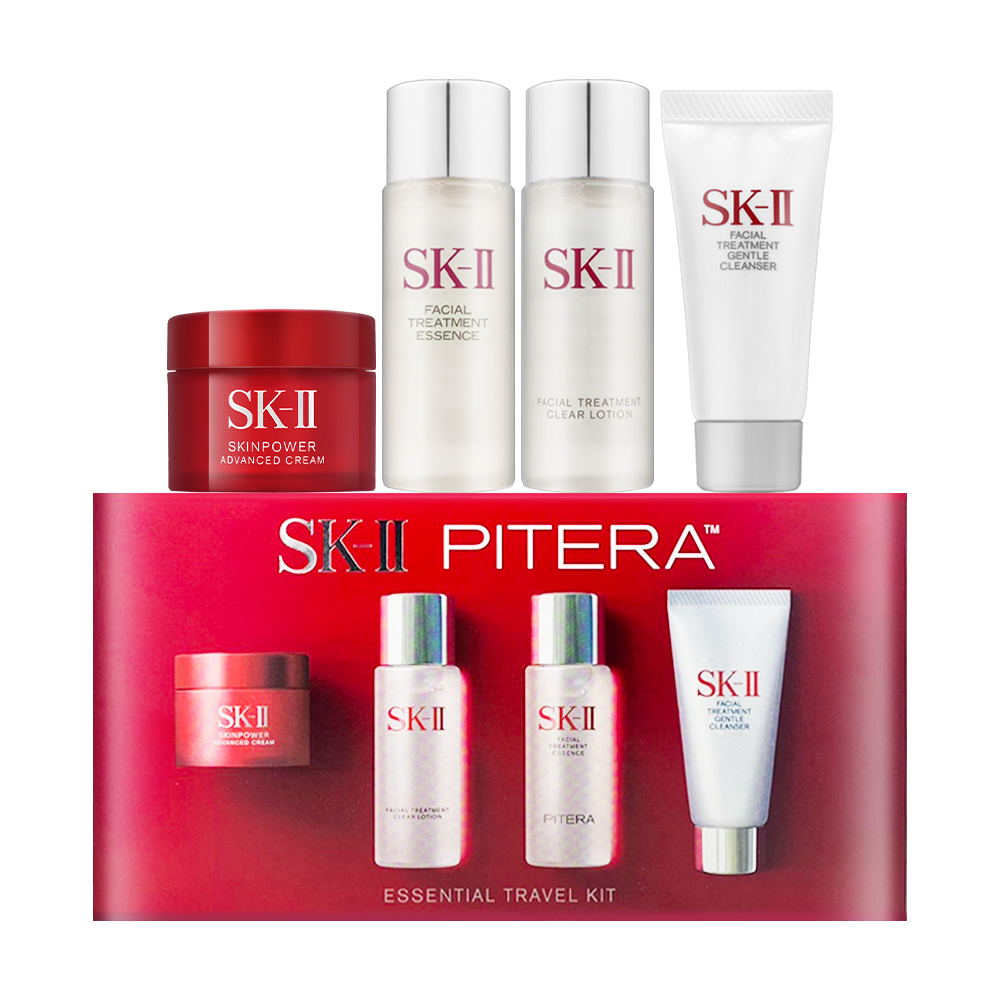 SK-II 青春亮採活膚潔顏保養四件組，包含亮採化妝水、青春露、致臻肌活能量活膚霜與全效活膚潔面乳，精緻旅行裝設計，方便攜帶，適合各種膚質使用，為您打造輕盈保養體驗。