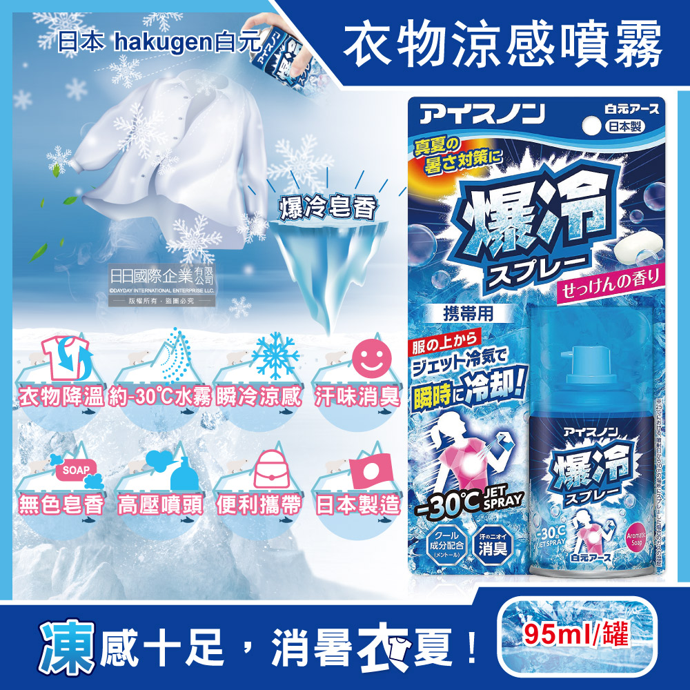 日本hakugen白元-夏日消暑汗味消臭瞬冷約-30℃衣物涼感噴霧-爆冷皂香95ml/藍罐