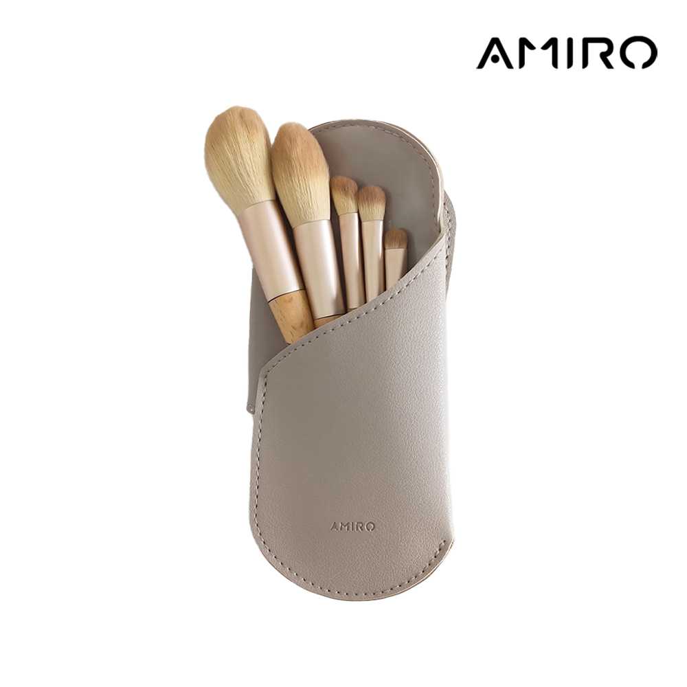 【AMIRO】高級化妝刷5件組(含皮革收納套) /旅行刷具組/收納包/便攜
