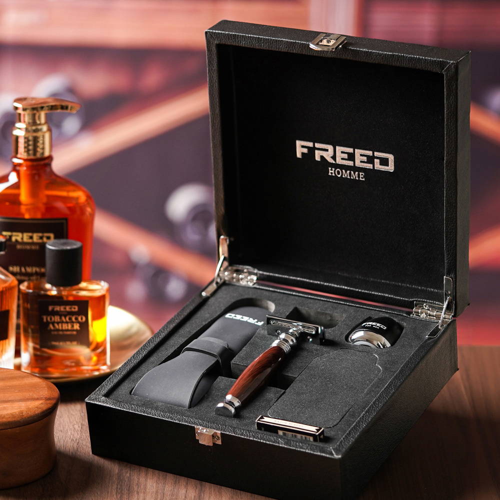 【FREED】客製化刻字 尊爵四件組雙刃安全刮鬍刀禮盒 - 仿紫紅檀木
