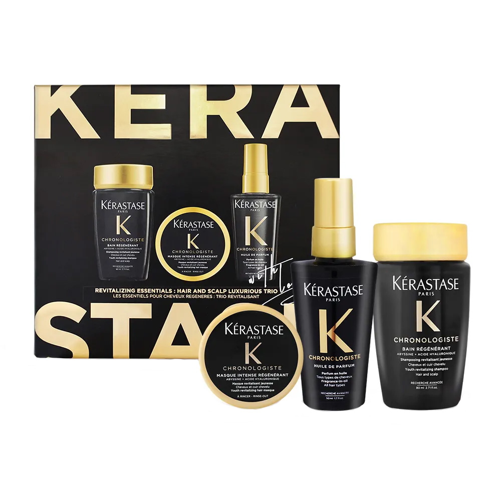 【KERASTASE卡詩】黑鑽極萃逆時奢華禮盒組(髮浴80ml+髮膜75ml+玫瑰香氛露50ml)