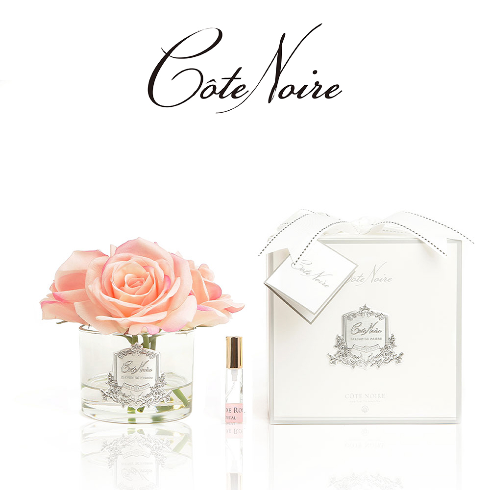 【法國 Cote Noire 寇特蘭】五朵玫瑰香氛花透明瓶(附贈10ml 精油x1)