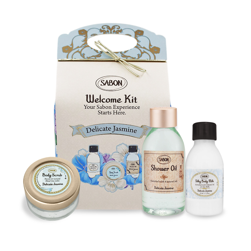 SABON 茉莉花語明星三部曲推薦組[沐浴油100ml+磨砂膏60g+絲綢身體乳液50ml-國際航空版
