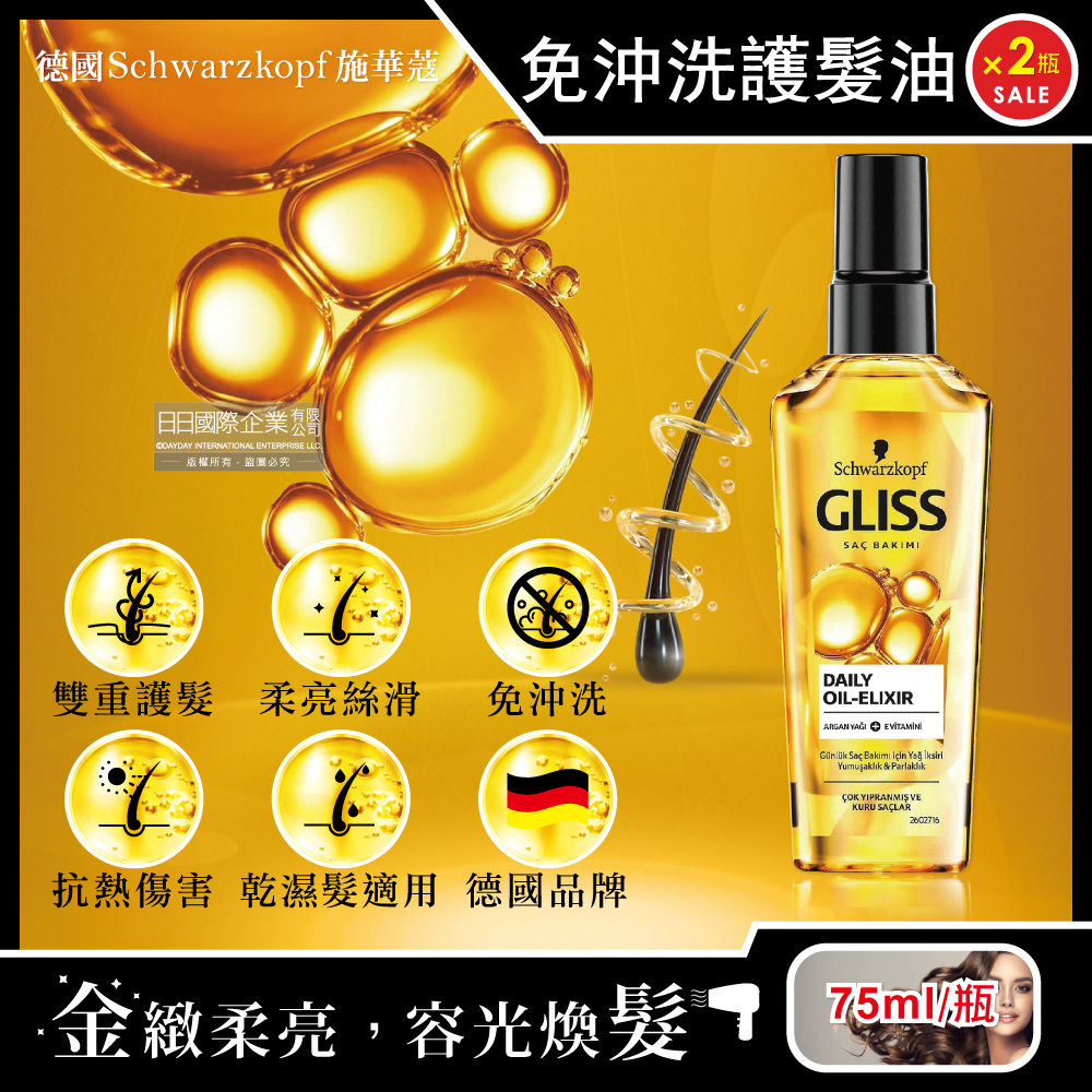 (2瓶)德國施華蔻-GLISS沙龍級免沖洗修護髮油75ml/瓶