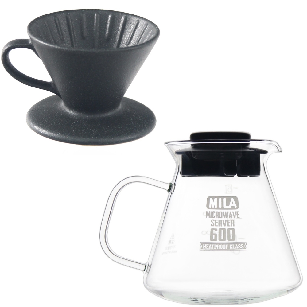 MILA日本製 織部燒 咖啡濾杯01-南蠻黑釉+耐熱玻璃壺600ml