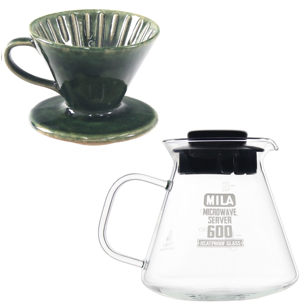 MILA日本製 織部燒 咖啡濾杯01-匠織部釉+耐熱玻璃壺600ml