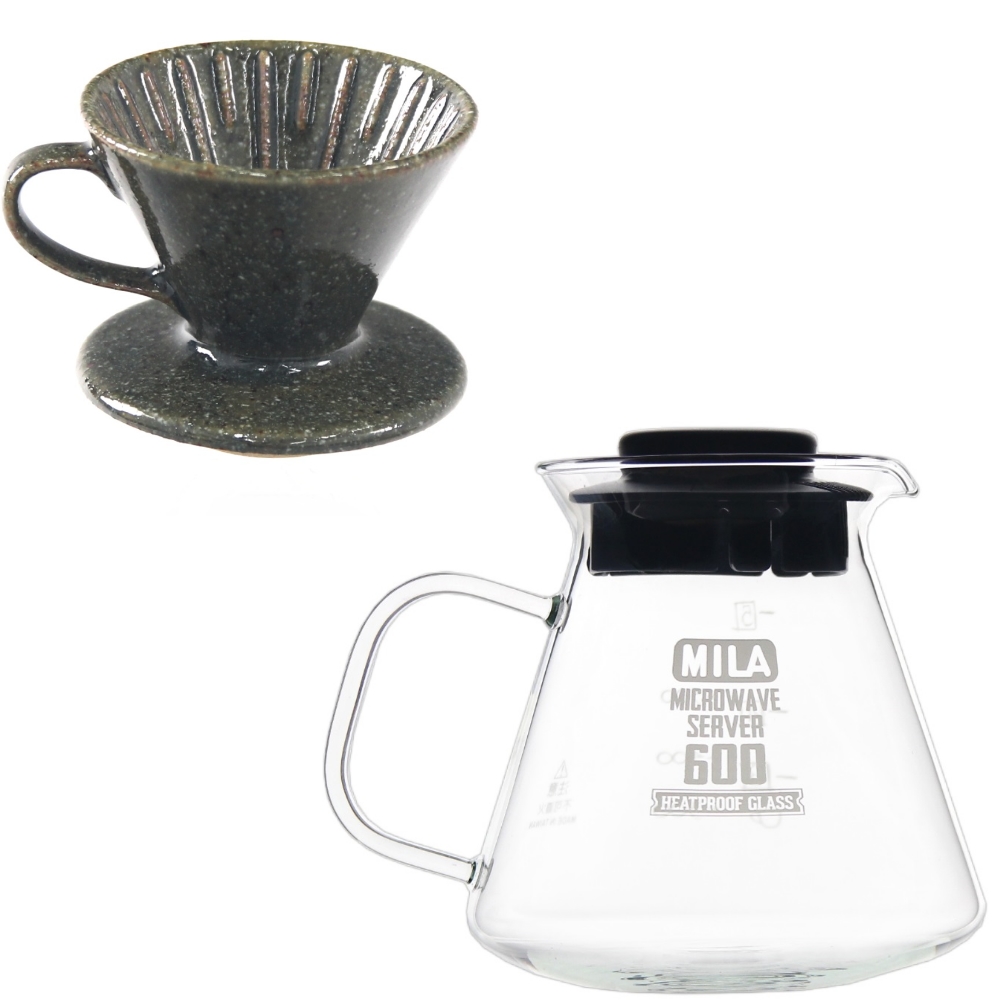 MILA日本製 織部燒 咖啡濾杯01-鐵織部釉+耐熱玻璃壺600ml