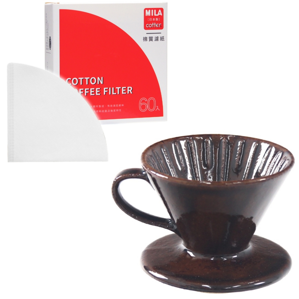 MILA日本製 織部燒 咖啡濾杯01-琥珀飴釉+ 日本製棉質錐形漂白濾紙