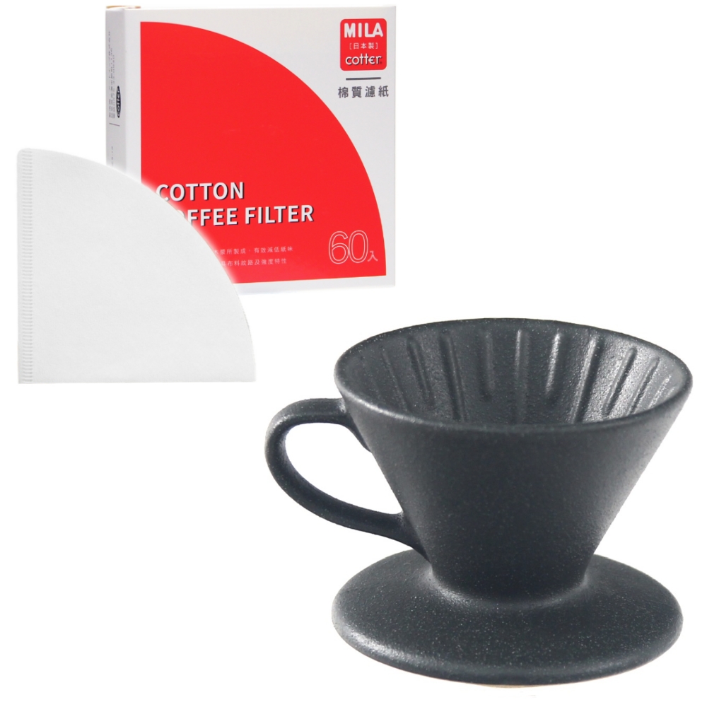 MILA日本製 織部燒 咖啡濾杯01-南蠻黑釉+日本製棉質錐形漂白濾紙