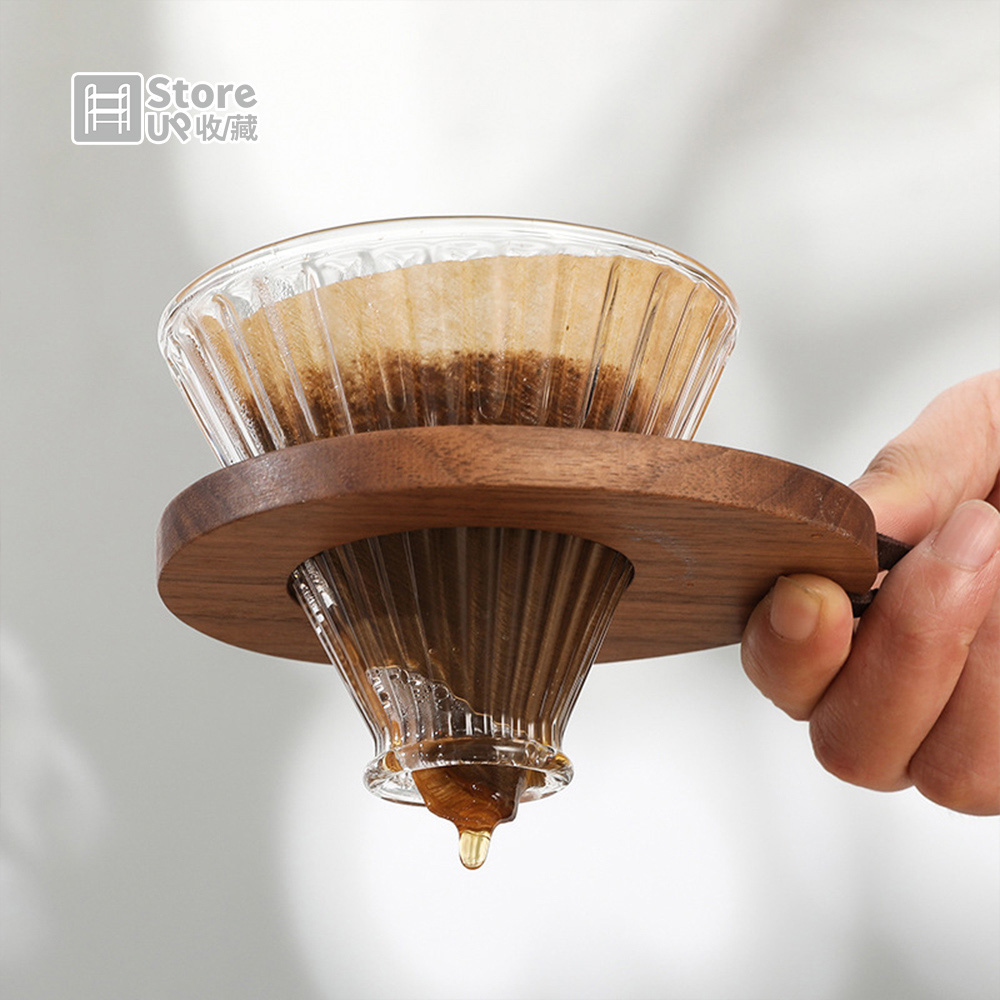 【Store up 收藏】日式胡桃木製杯託+耐熱玻璃濾杯 手沖咖啡杯託組(AD411)