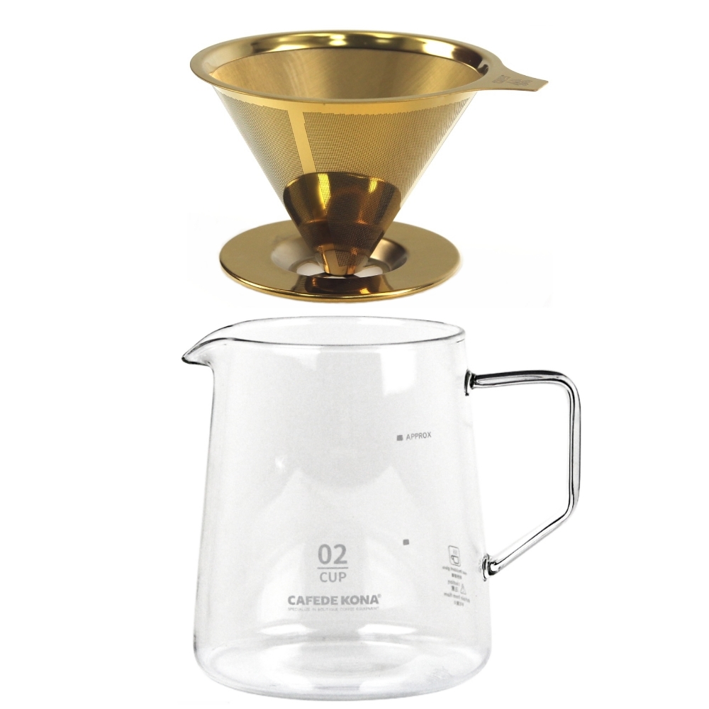 MILA鈦金不鏽鋼咖啡濾杯(2-4cup)+CAFEDE KONA 玻璃分享壺600ml-透明