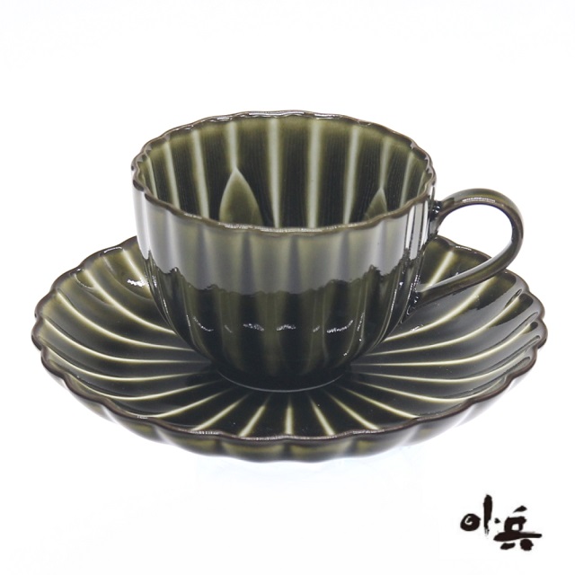 日本製 美濃燒小兵窯陶瓷咖啡杯盤-綠