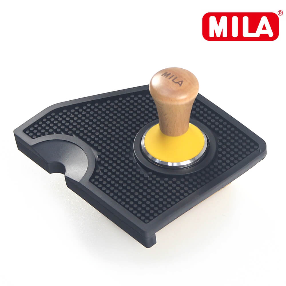 MILA 櫸木色彩矽膠填壓器51mm(黃) +MILA 梯柱咖啡填壓墊-黑