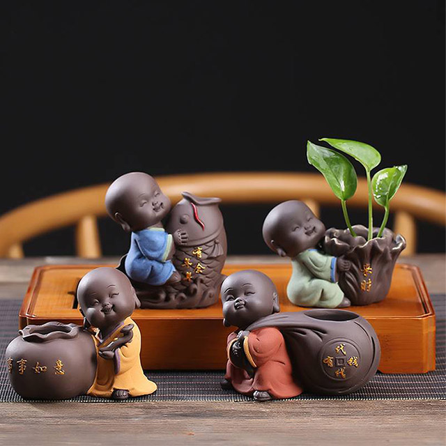 【古緣居】紫砂小和尚花器茶寵擺件 茶具配件小花瓶套組(四個一組)