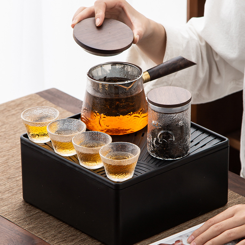 【佰昌】戶外泡茶器 便攜式旅行茶具套裝玻璃快客杯（一壺四杯子 +茶葉罐帶茶盤）