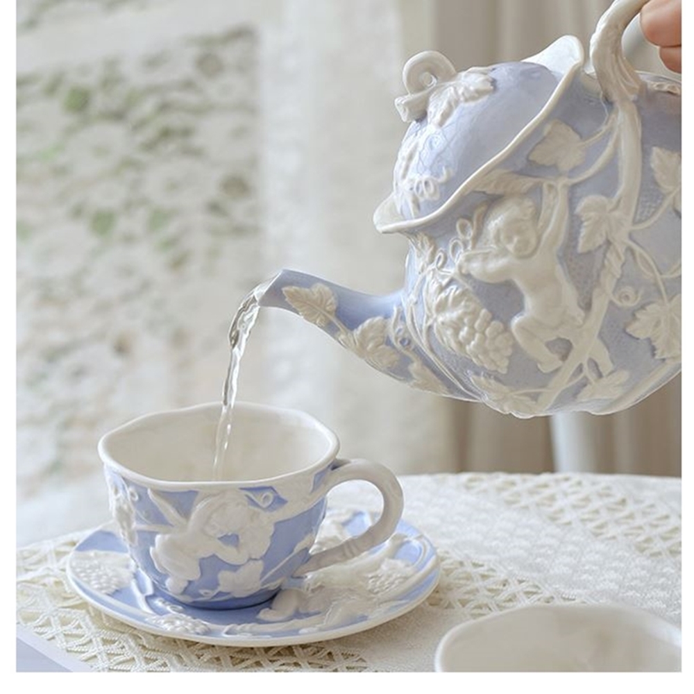英式復古浮雕藍色天使下午茶一壺二杯茶具組
