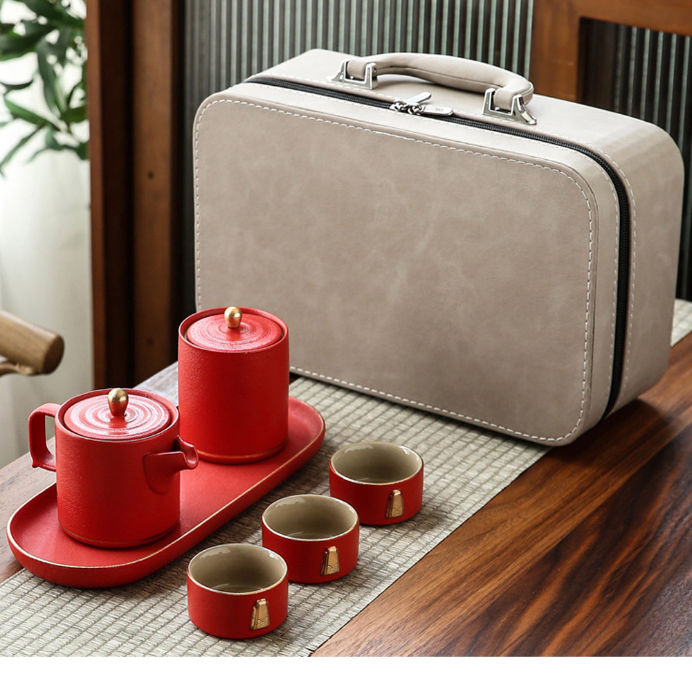 【原藝坊】復古粗陶 旅行茶具套裝帶茶盤,茶葉罐 藍紅兩色禮盒裝 (一壺三杯)