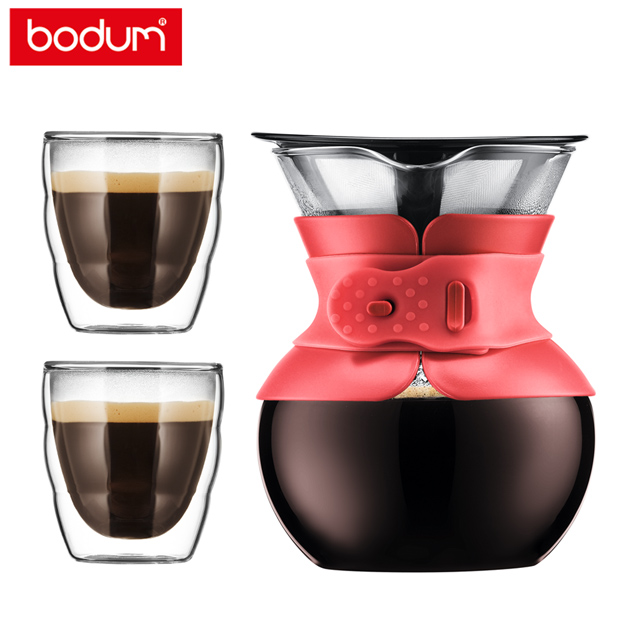 【丹麥BODUM 】手沖咖啡濾壺500cc(紅)+PILATUS雙層玻璃杯2件組80cc