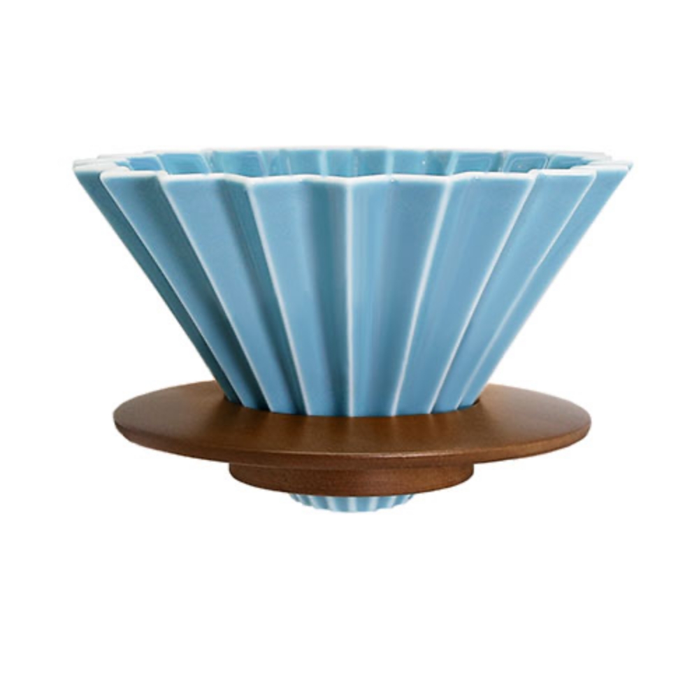 日本ORIGAMI 摺紙咖啡陶瓷濾杯組 M 第二代（木質杯座）（霧藍色）