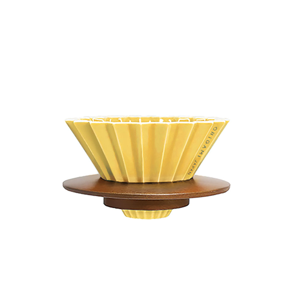 日本ORIGAMI 摺紙咖啡陶瓷濾杯組 S 第二代（木質杯座）（蛋黃色）
