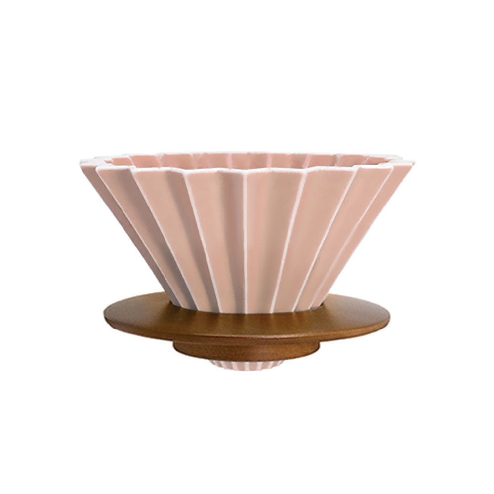 日本ORIGAMI 摺紙咖啡陶瓷濾杯組 M 第二代（木質杯座）（粉紅色）