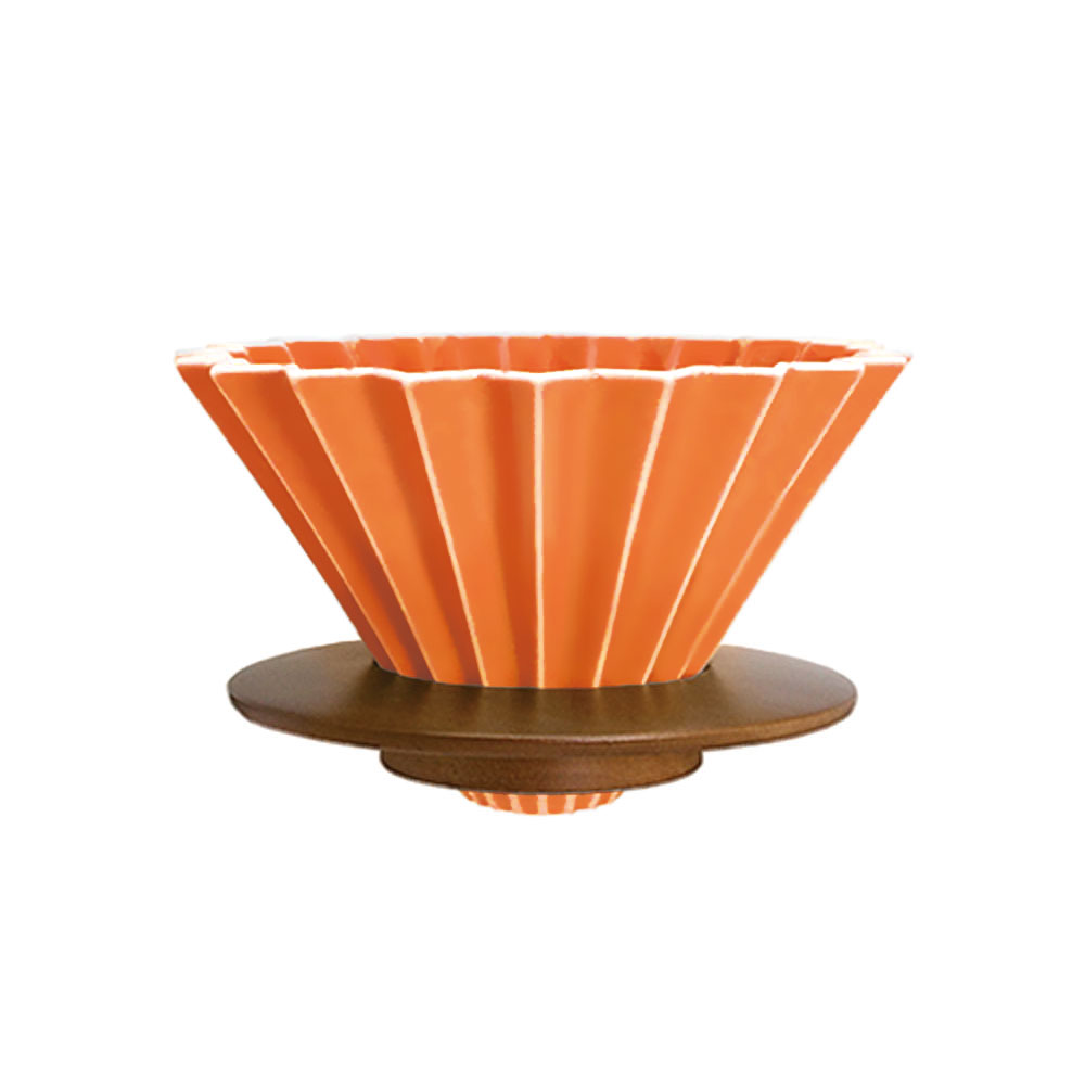 日本ORIGAMI 摺紙咖啡陶瓷濾杯組 M 第二代（木質杯座）（柑橘色）