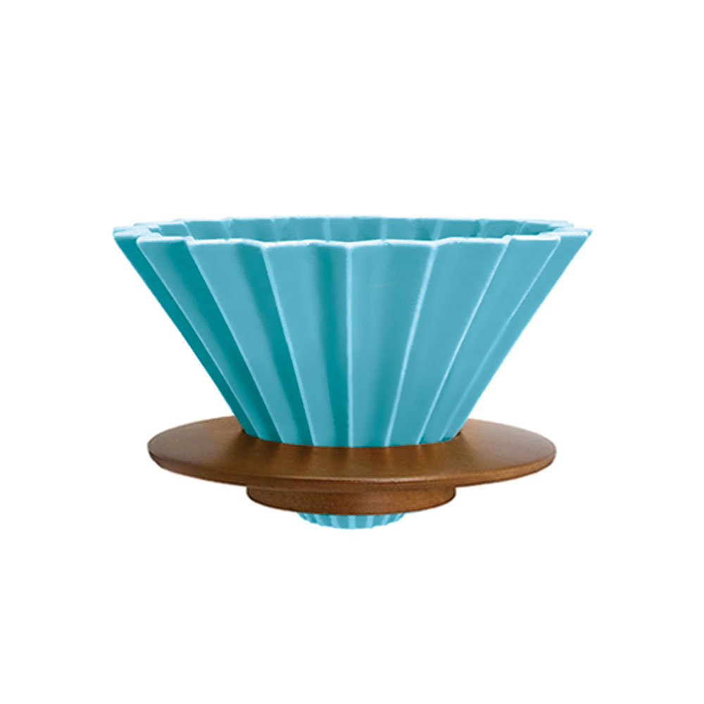 日本ORIGAMI 摺紙咖啡陶瓷濾杯組 M 第二代（木質杯座）（土耳其藍色）