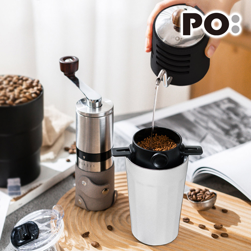 【PO:Selected】丹麥棱角保溫杯咖啡四件組(棱角保溫杯-白/咖啡磨2.0/咖啡濾網/咖啡壺-黑)