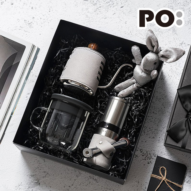 【PO:Selected】丹麥手沖咖啡三件禮盒組(咖啡壺-灰/玻璃杯350ml-黑/咖啡磨2.0)