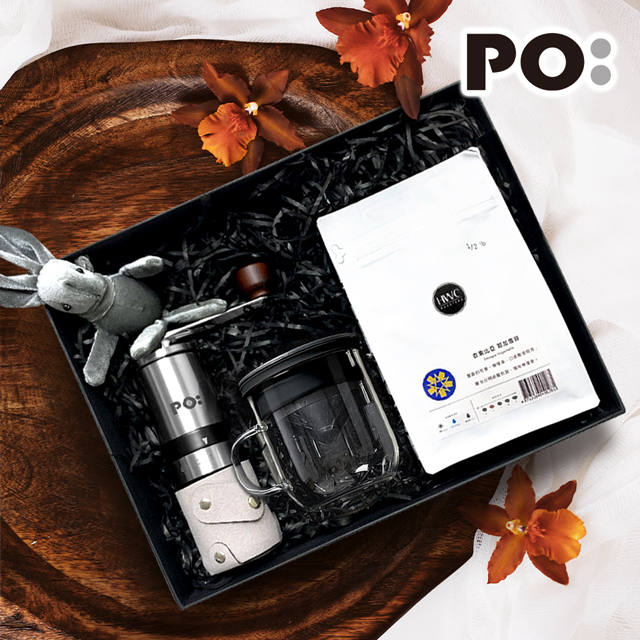 【PO:Selected】丹麥POx黑沃耶加雪菲咖啡禮盒組(不鏽鋼咖啡磨2.0-灰/咖啡杯350ml-黑)