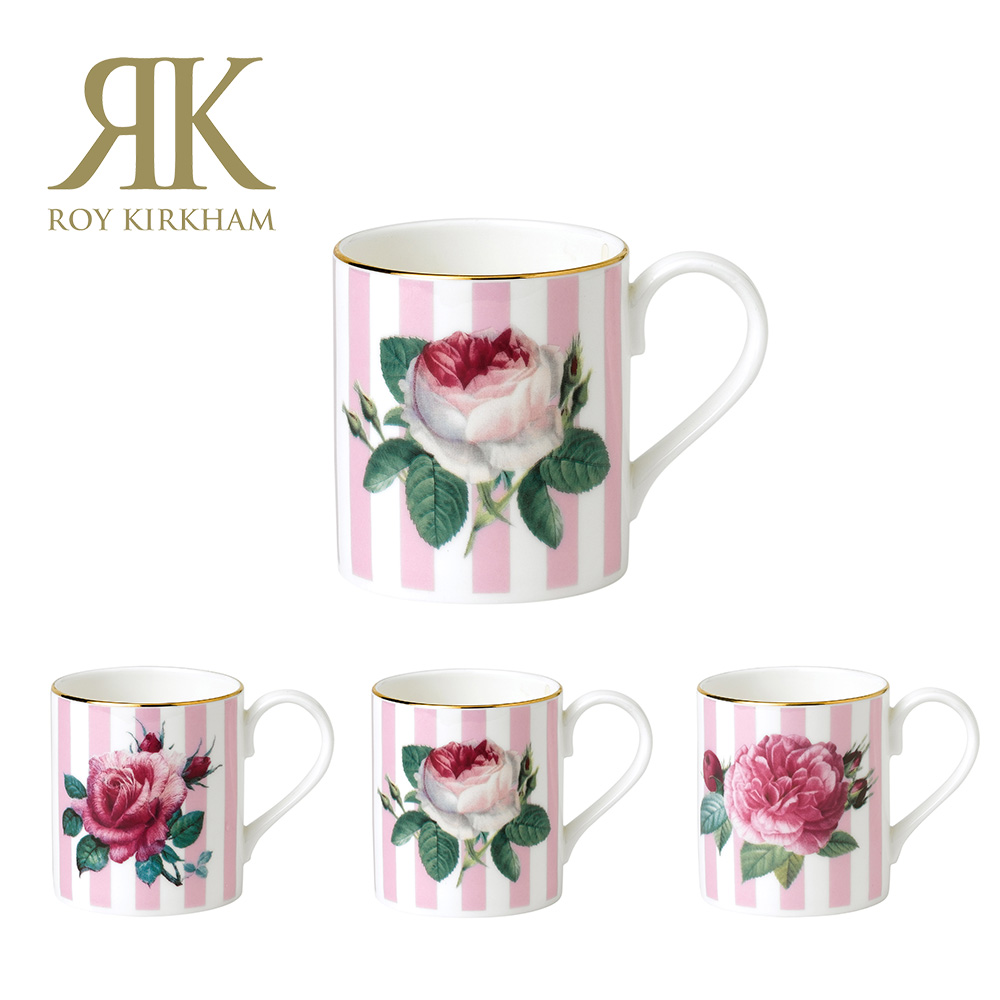 英國 Roy kirkham -經典玫瑰金邊粉直紋骨瓷杯280ml-三款花色 骨瓷杯 馬克杯 咖啡杯 花茶杯