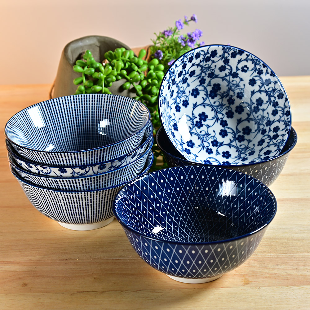 【YU Living】日式復古藍陶瓷大碗三件組 湯碗(三件一組 /3款/ 630ml)