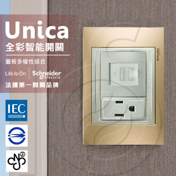 法國Schneider Unica Top雙USB插座/單插座(附接地極)(金屬銅外框)