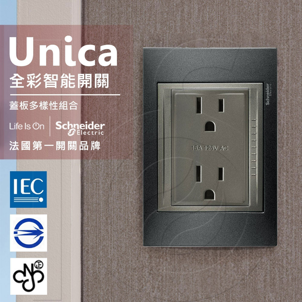 法國Schneider Unica Top雙插座(附接地極)_(金屬灰外框)