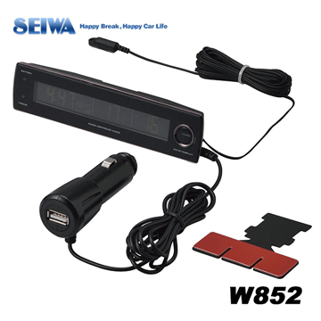 日本SEIWA 電波時鐘+車內外溫度計+電壓表+USB W852